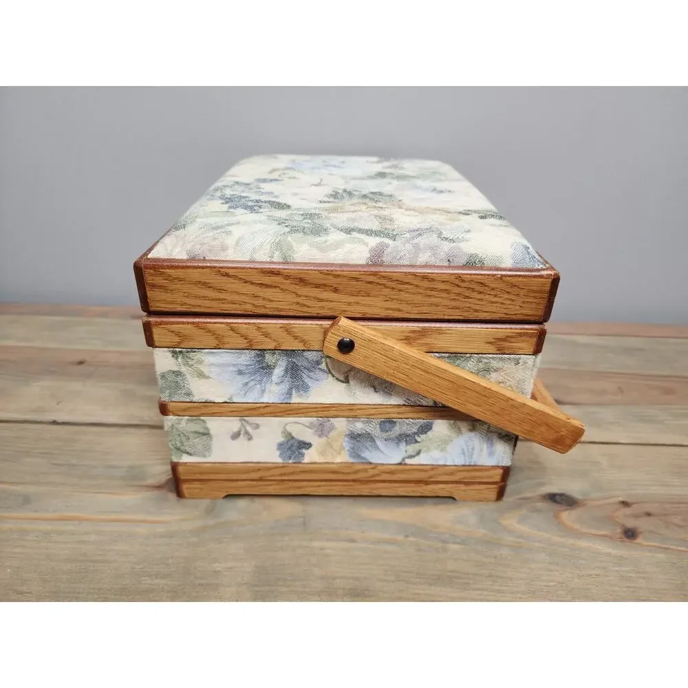 Vintage Oak Sewing Basket jewelry Hope box handmade Red Lining